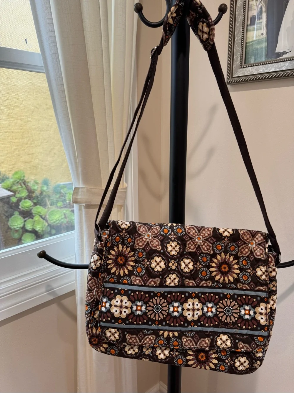 Vera Bradley Quilted Messenger Bag in Brown Cream Floral Laptop Shoulder